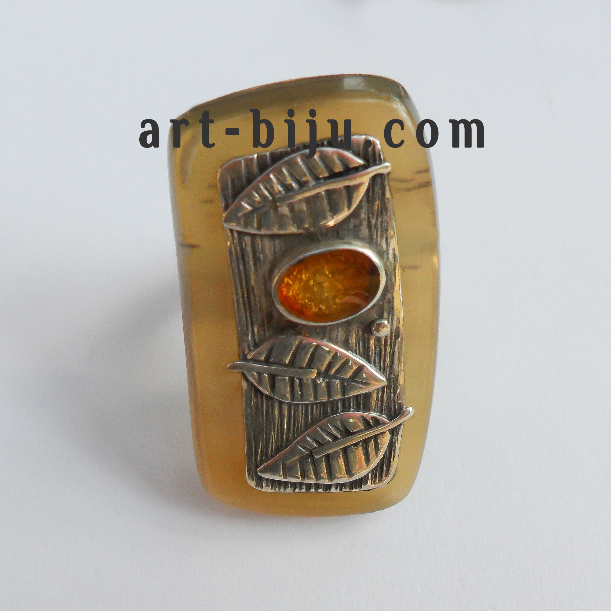 Bague en argent ambre, feuilles.